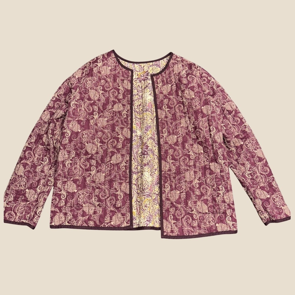 Quilted jacket reversible paisley eclectic boho artsy purple large layering